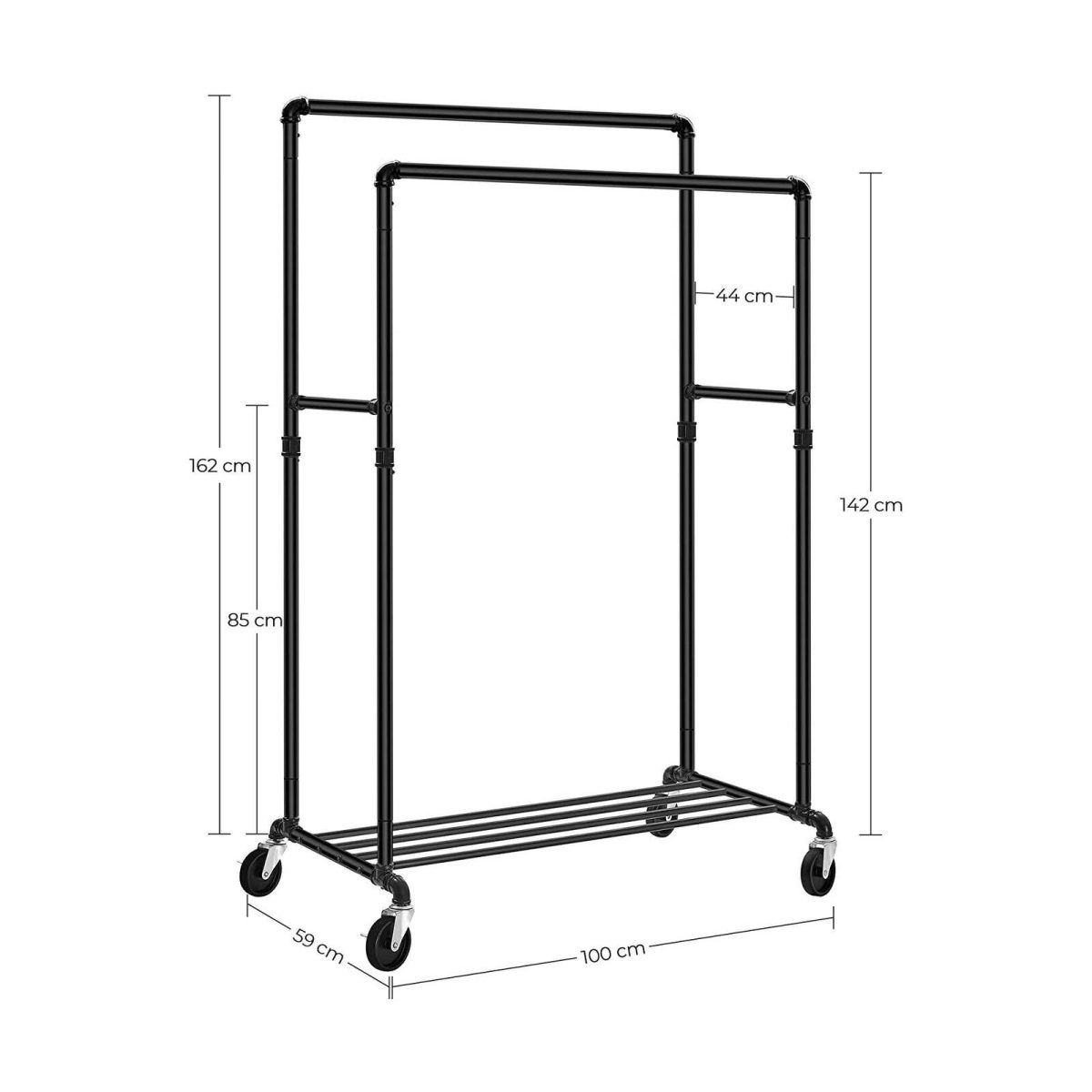 SONGMICS Industrial Pipe with Double Hanging Rail Clothes Rack on Wheels load of 110 Kg