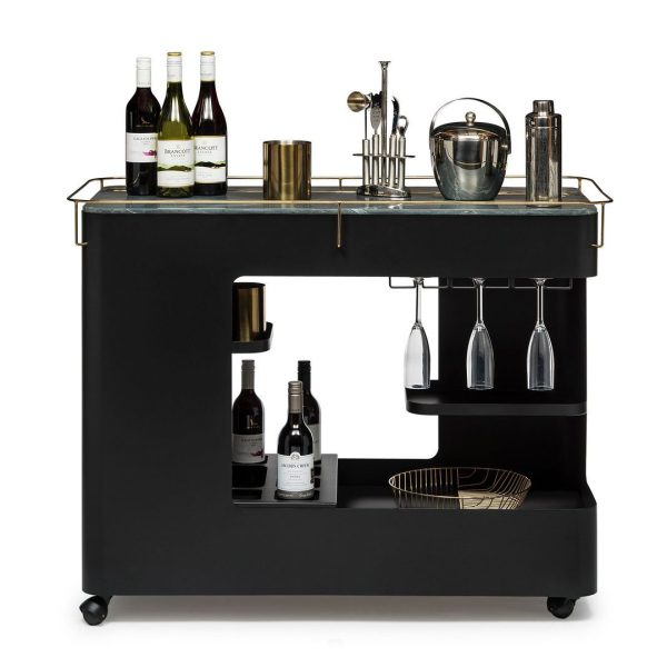 Large Contemporary Black Gold Drinks Trolley Bar Cart with Marble Top and Stemware Rack