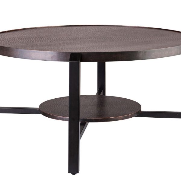 Black Round Coffee Table with Storage Shelf in Copper Finish Top