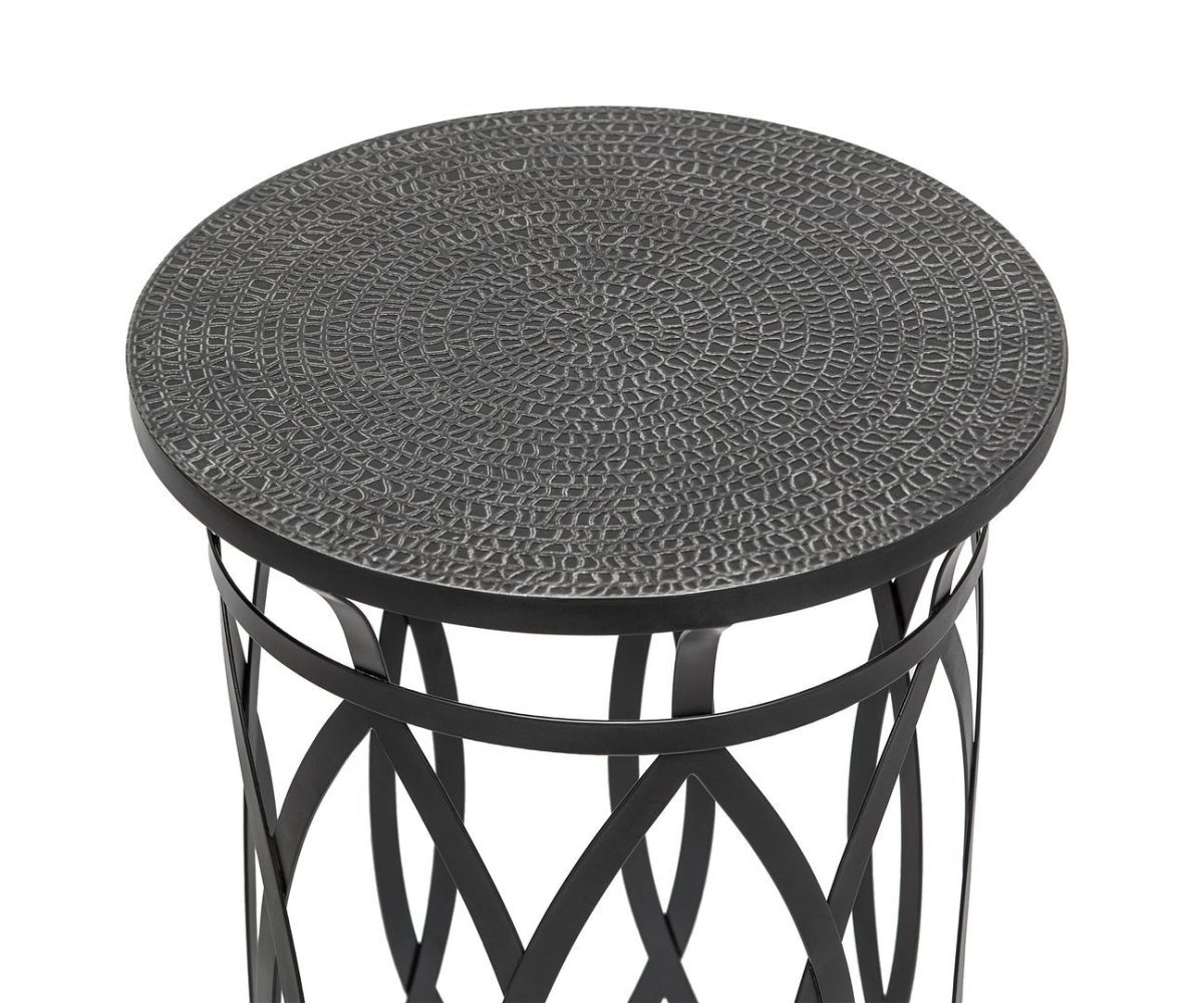 Elon Black Round Iron Side Table with Cross Legs and Silver Finish Top