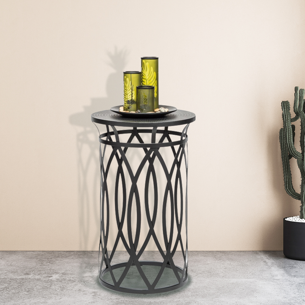 Elon Black Round Iron Side Table with Cross Legs and Silver Finish Top