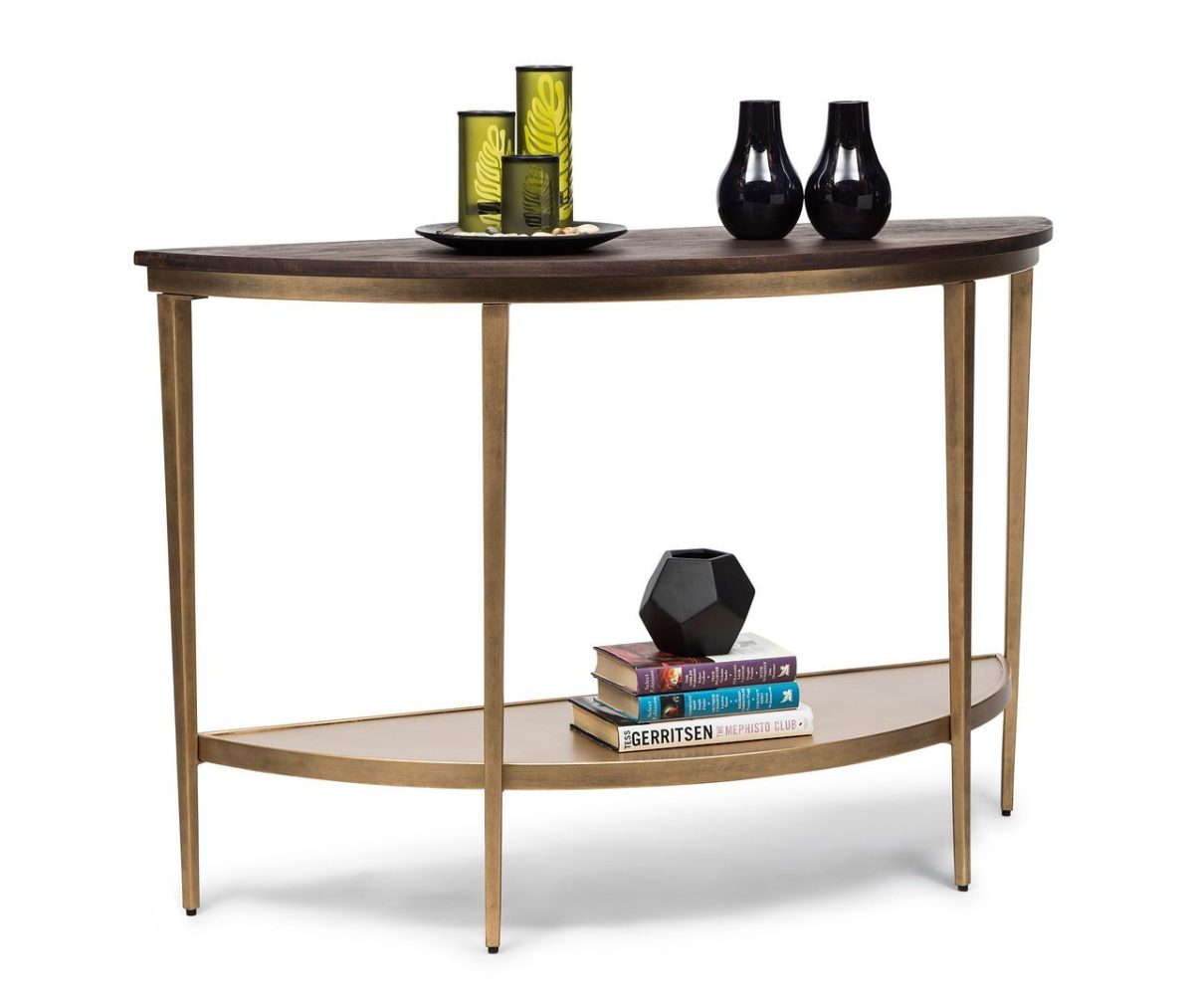 Dark French Brass Half Round Hallway Console Table with Wood Top