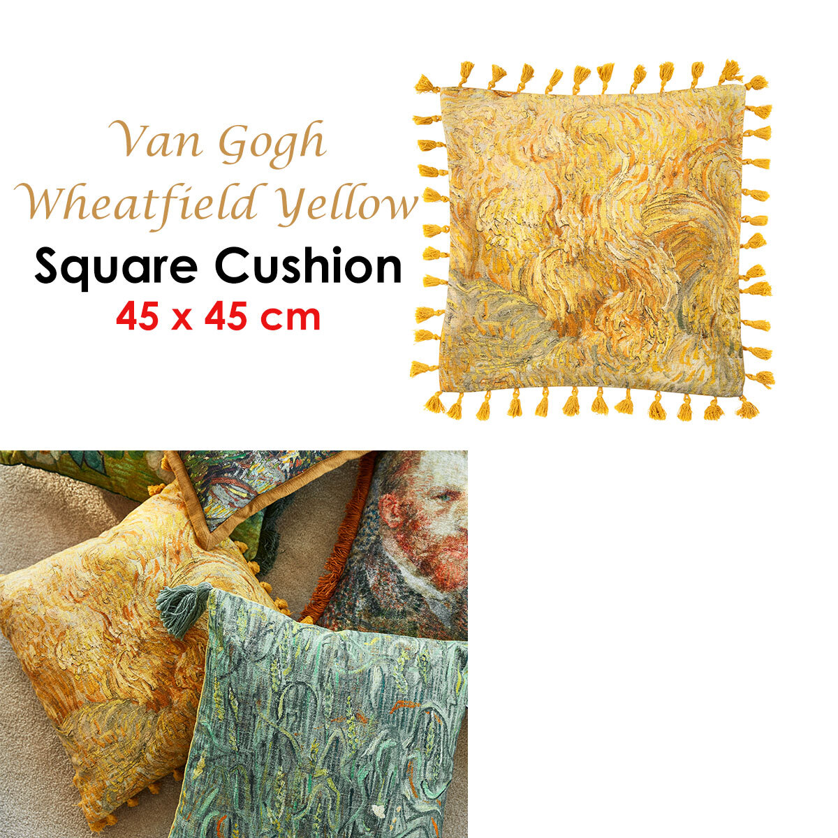 Bedding House Van Gogh Wheatfield Yellow Filled Square Cushion