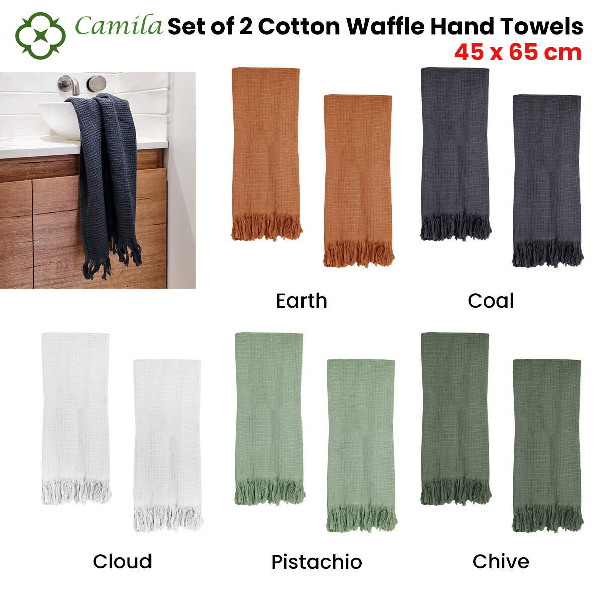 J Elliot Home 400GSM Camila Set of 2 Cotton Waffle Hand Towels 45 x 65 cm Chive