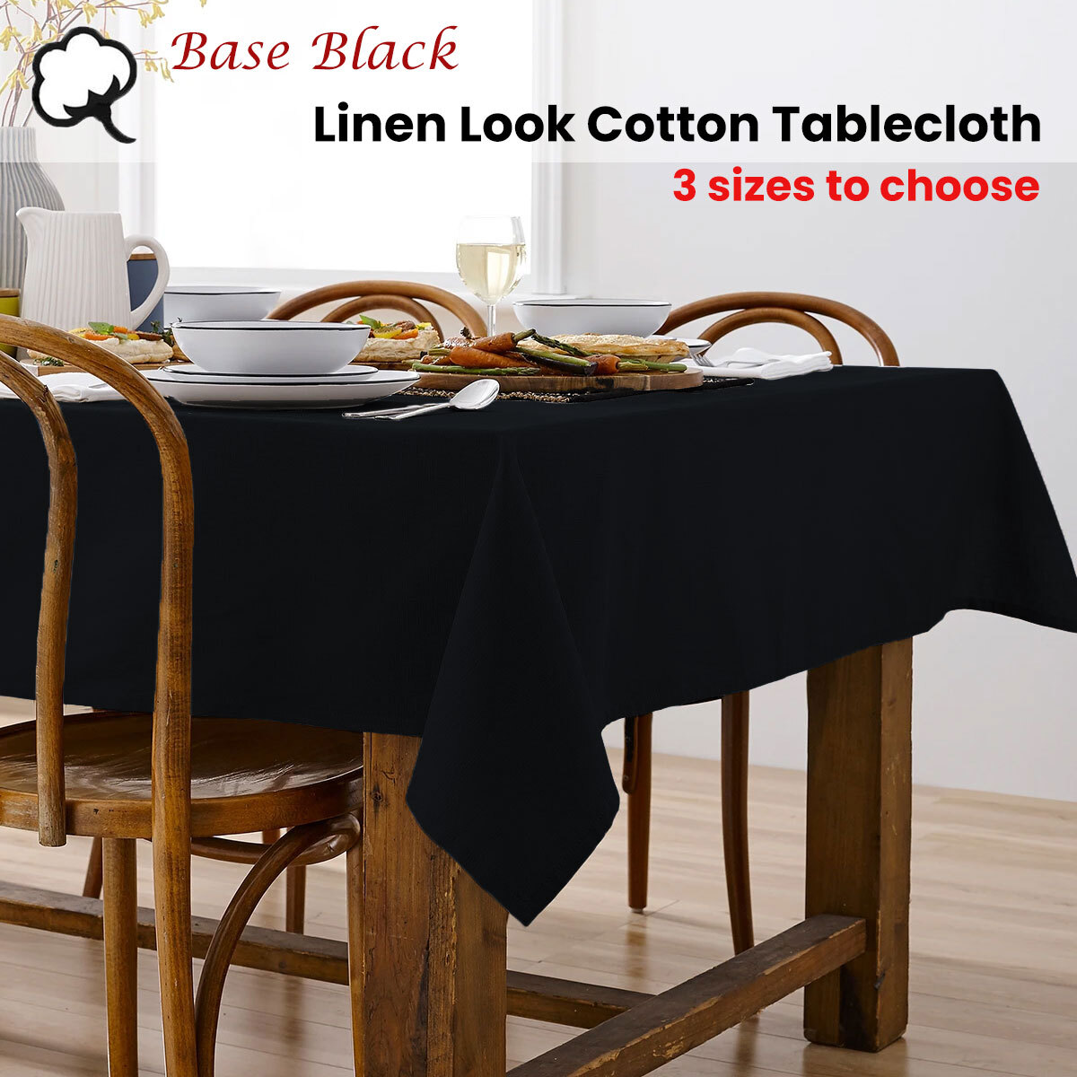 Ladelle Base Black Linen Look 100% Cotton Tablecloth 150 x 225 cm