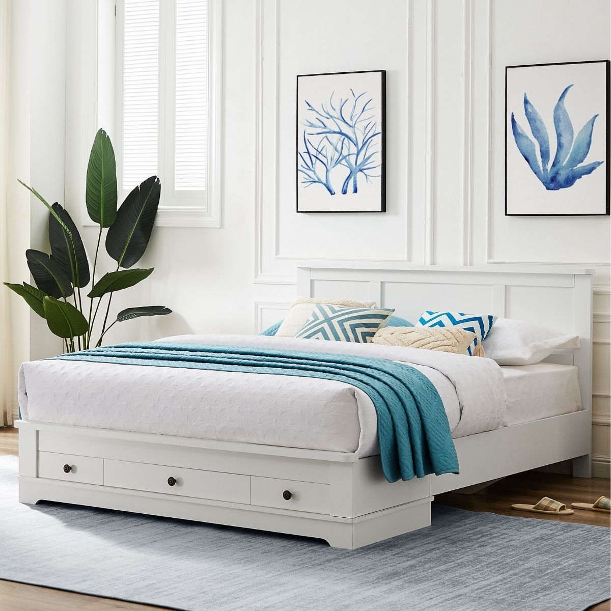 Ebor White Coastal Lifestyle Bedframe with Storage Drawers Queen