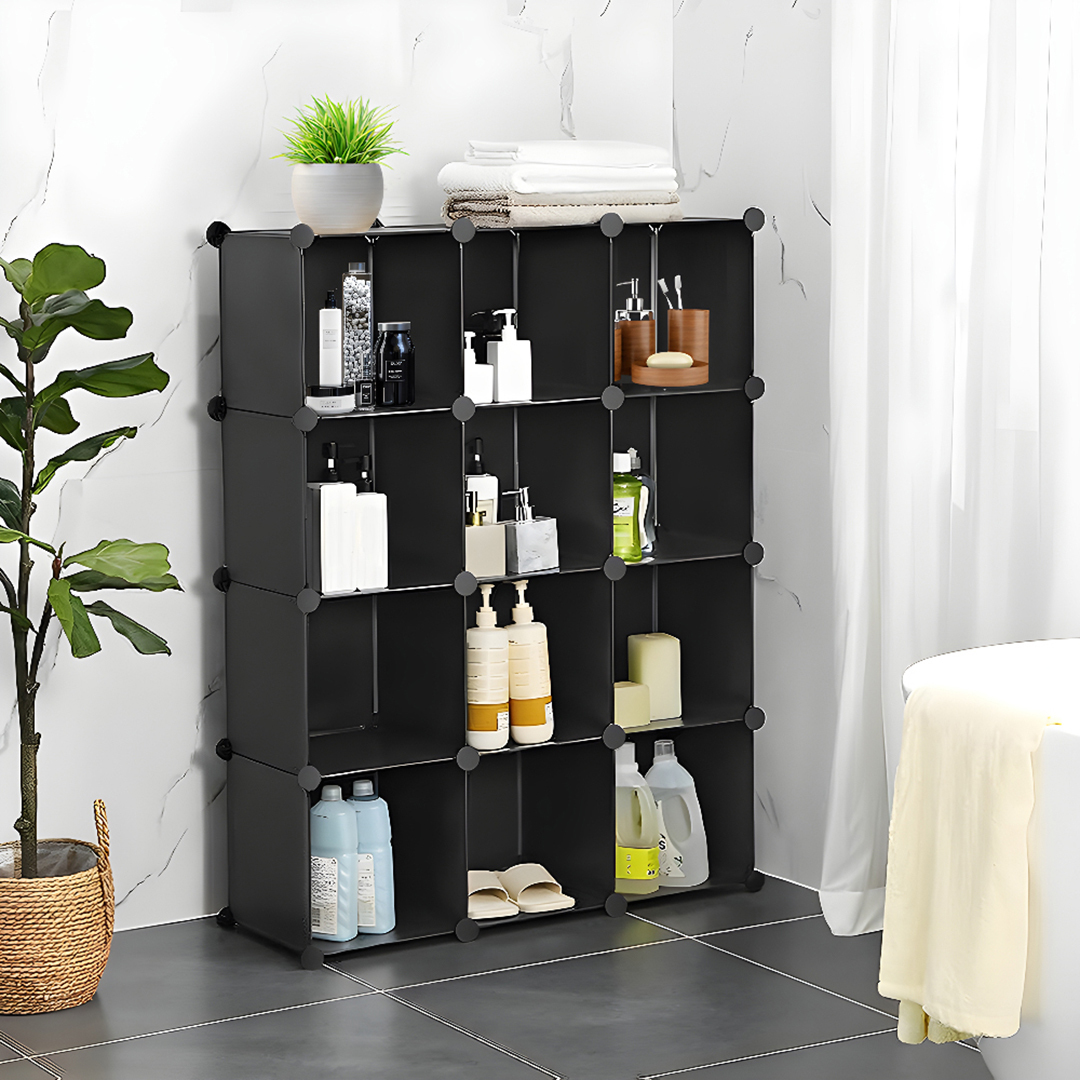 4 Tier 12-Cube Black Portable Wardrobe Divide-Grid Modular Storage Organiser Foldable Closet