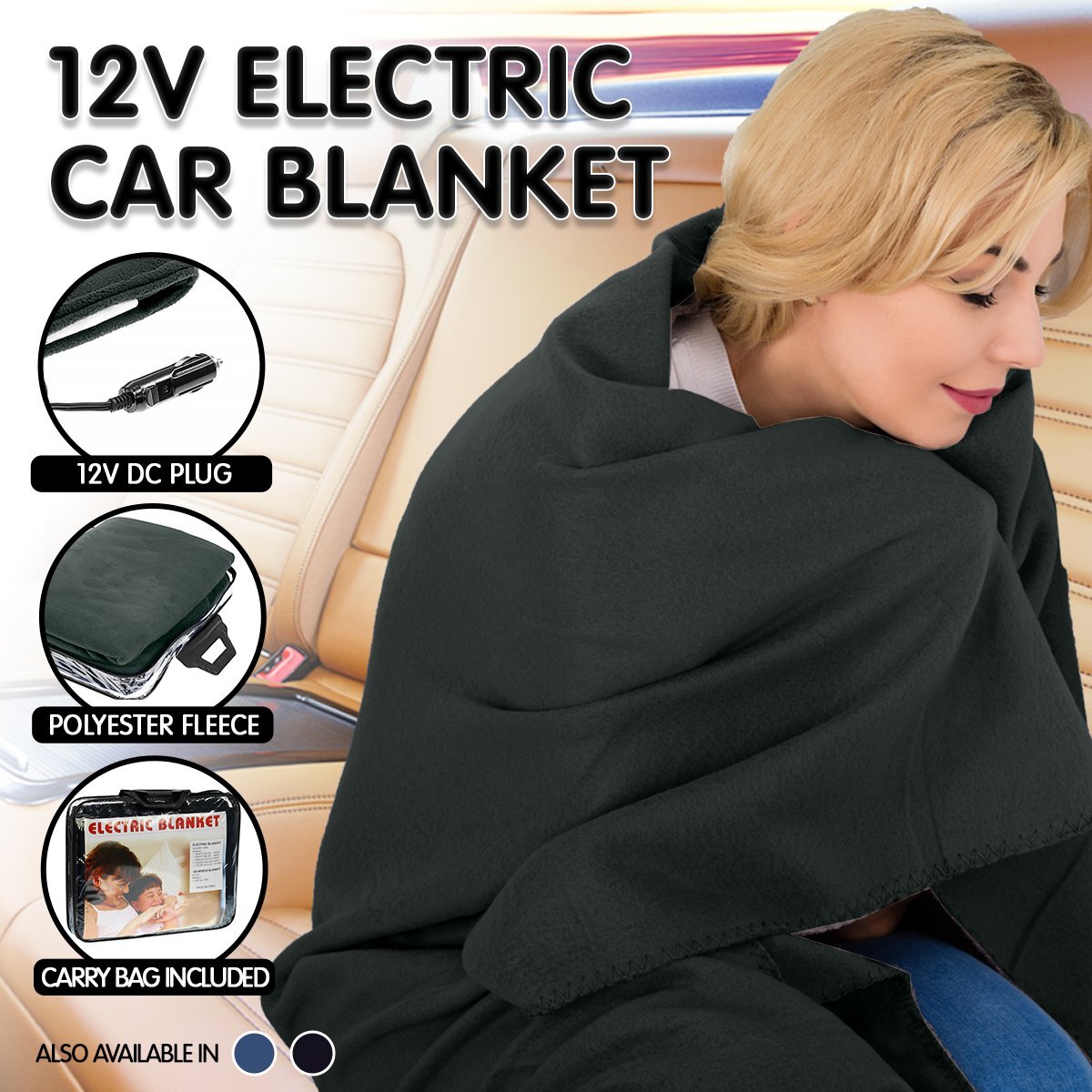 Heated Electric Car Blanket 150x110cm 12V – Black