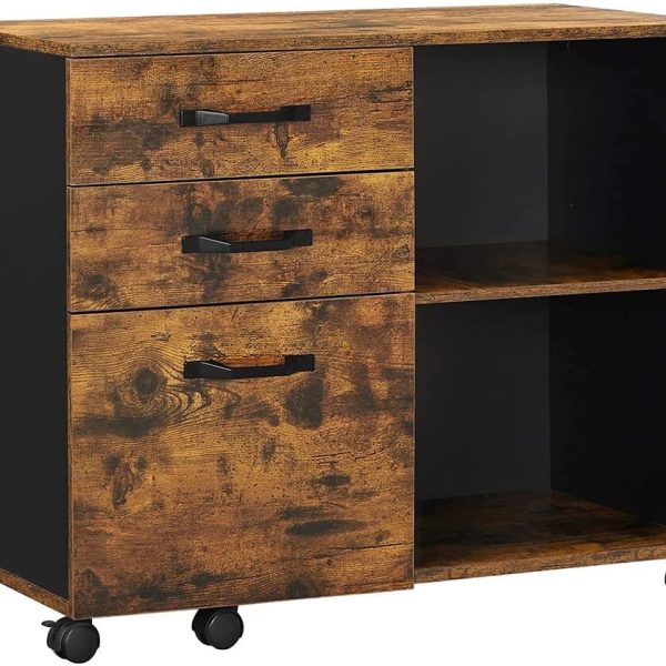 3-Drawer File Cabinet with Open Compartments for A4 Rustic Brown and Black