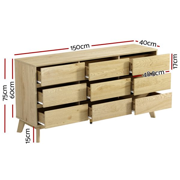 9 Chest of Drawers Cabinet Dresser Table Tallboy Storage Bedroom Oak