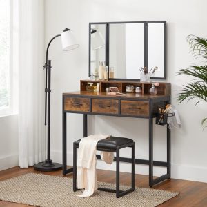 Dresser Table with Trifold Mirror Rustic Brown and Black