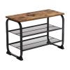 Shoe Bench with 2 Mesh Shelves Rounded Iron Frame Industrial Rustic Brown