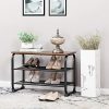 Shoe Bench with 2 Mesh Shelves Rounded Iron Frame Industrial Rustic Brown