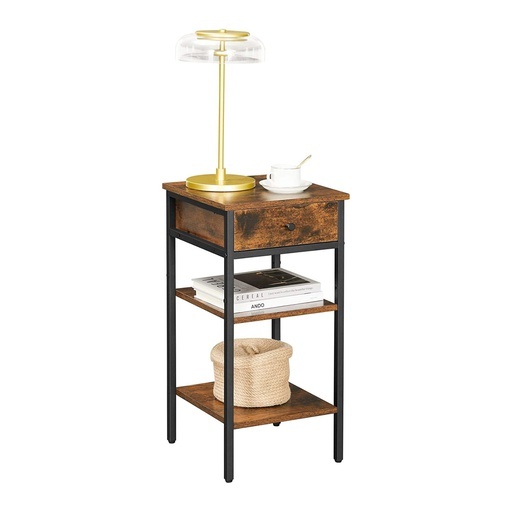 Nightstand End Table with a Drawer and 2 Storage Shelves Industrial Rustic Brown and Black