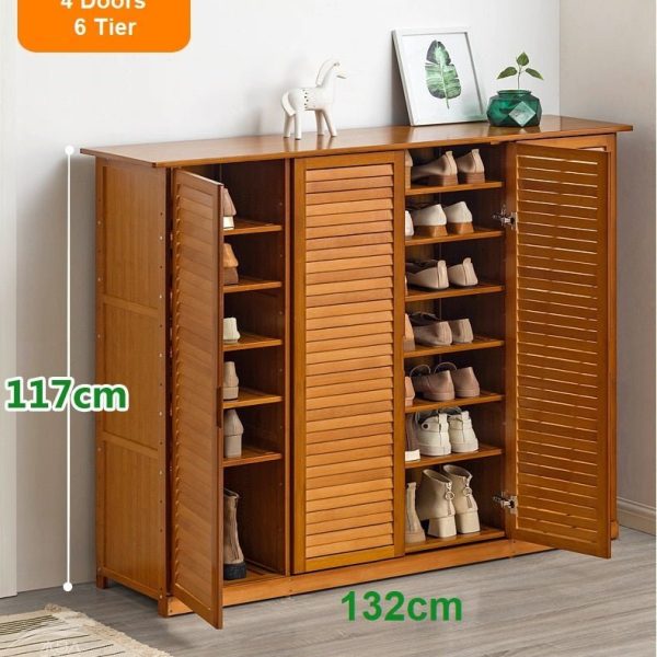 4 Doors 6 Tier Bamboo Large Capacity Storage Hallway Shelf Shoe Rack Cabinet