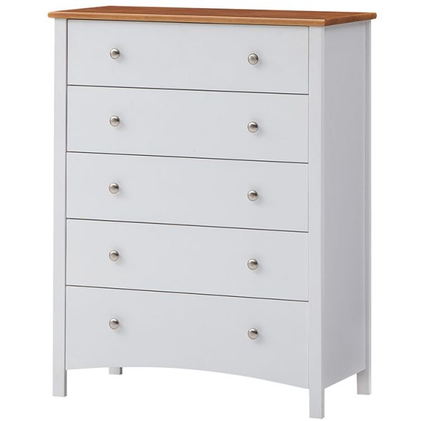 Brownwood Tallboy 5 Chest of Drawers Solid Rubber Wood Bed Storage Cabinet – White