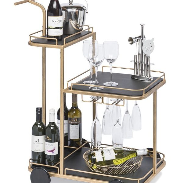 Black and French Brass Wooden 3-Tier Bar Cart Drinks Trolley