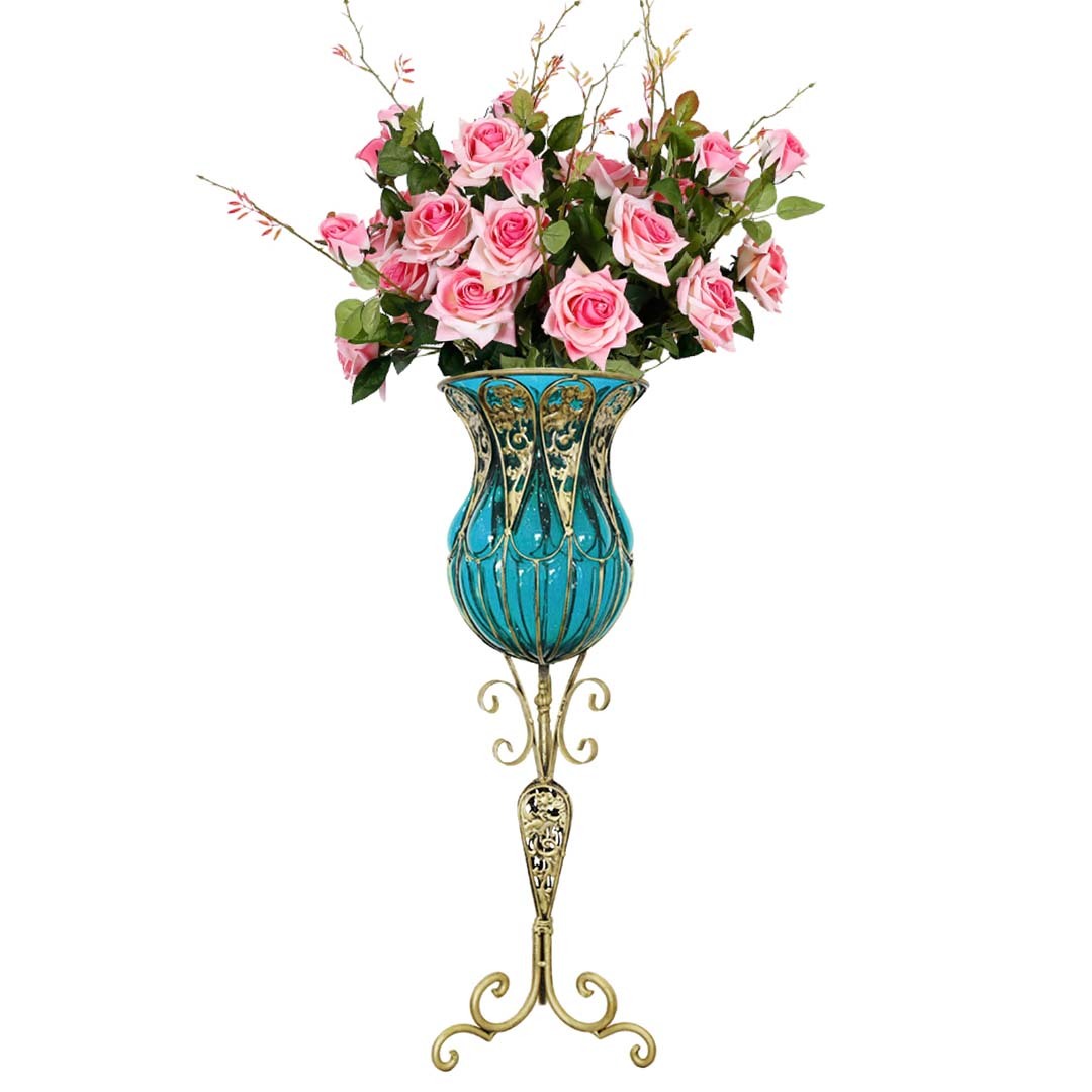 85cm Glass Tall Floor Vase and 12pcs Pink Artificial Fake Flower Set – Blue
