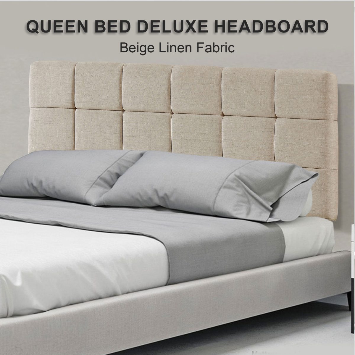 Linen Fabric Bed Deluxe Headboard Bedhead – QUEEN, Beige