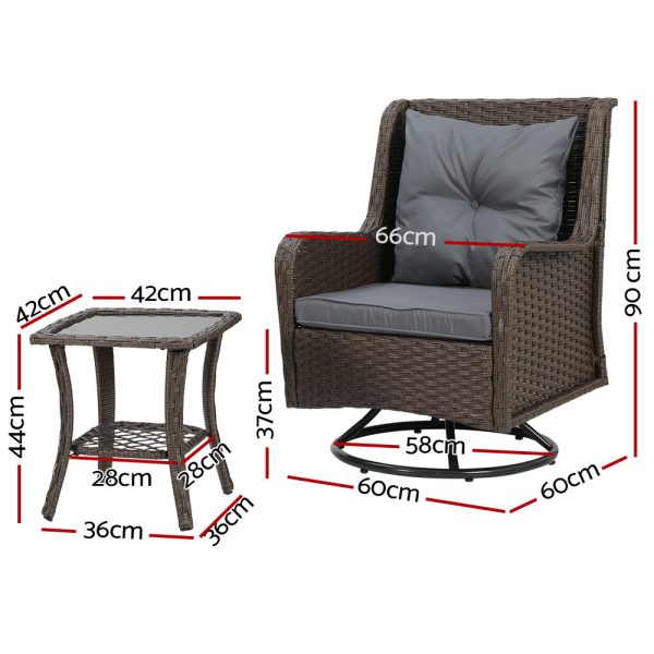 3PC Outdoor Furniture Bistro Set Lounge Wicker Swivel Chairs Table Cushion Brown