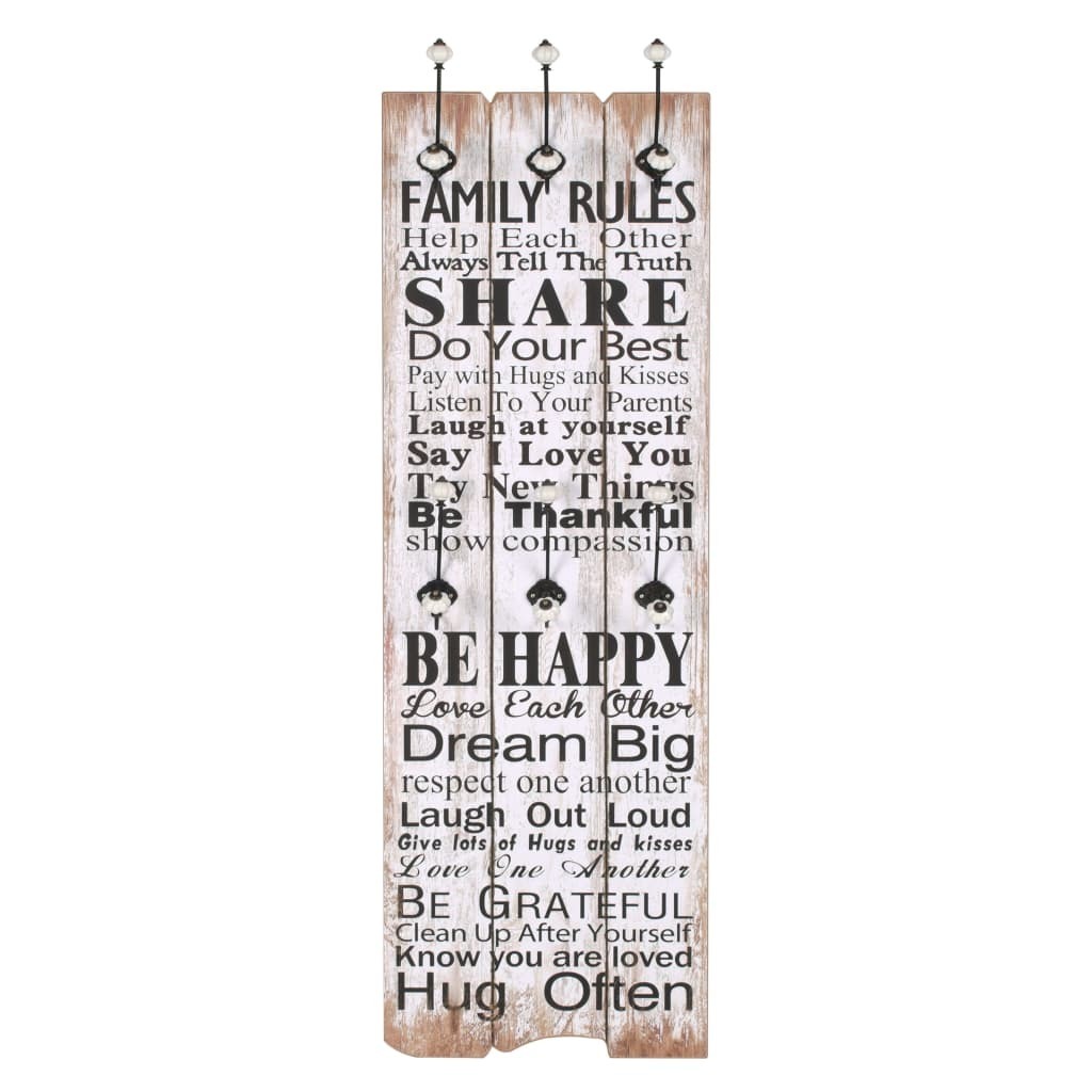 Wall-mounted Coat Rack with 6 Hooks 120×40 cm – Family Rules