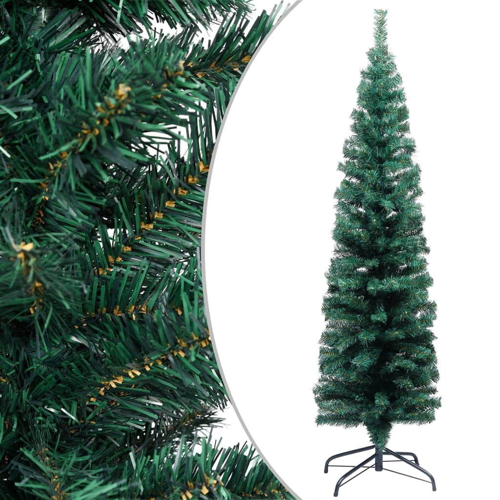 Slim Artificial Christmas Tree with LEDs&Stand Green PVC – 150×43 cm, Without Flocked Snow