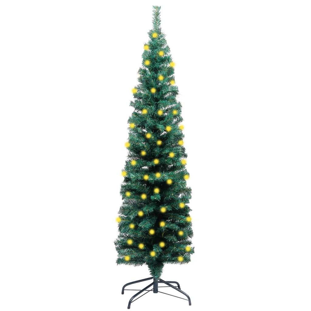 Slim Artificial Christmas Tree with LEDs&Stand Green PVC – 150×43 cm, Without Flocked Snow