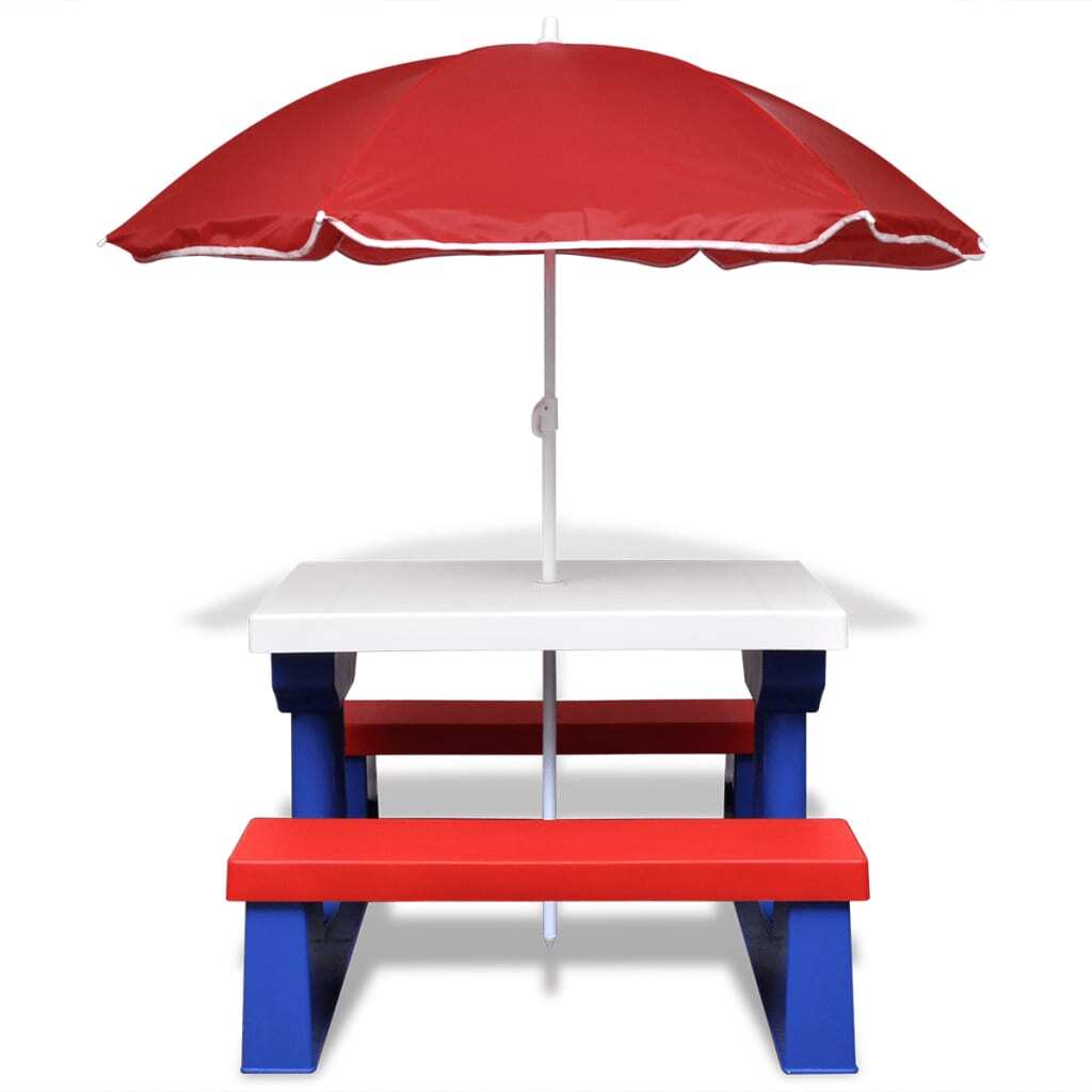 Kids’ Picnic Table with Benches and Parasol Multicolour