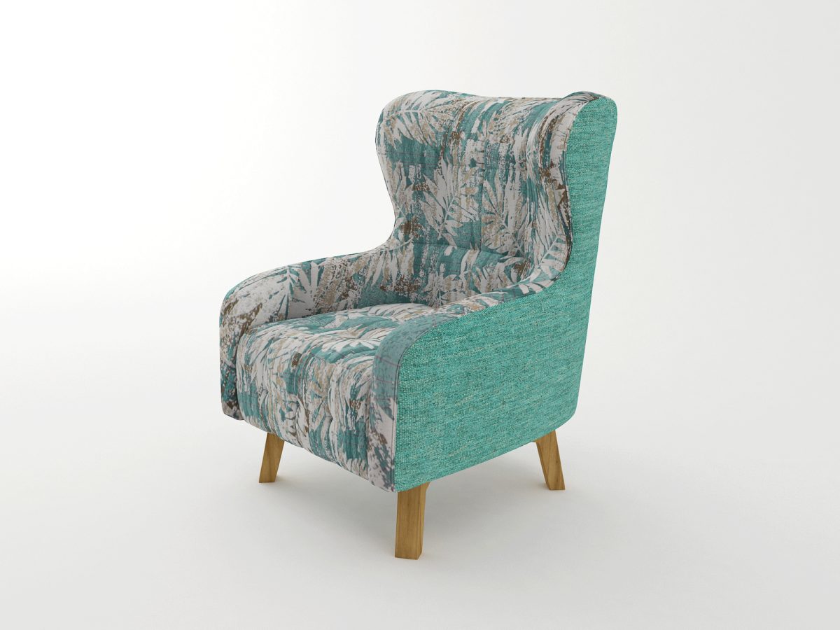 Armchair High back Lounge Accent Chair Designer Printed Fabric Upholstery with Wooden Leg