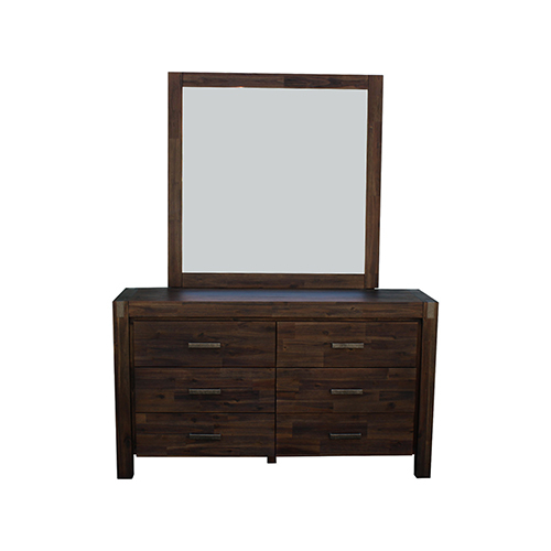 5 Pieces Bedroom Suite in Solid Wood Veneered Acacia Construction Timber Slat Double Size Chocolate Colour Bed, Bedside Table, Tallboy & Dresser