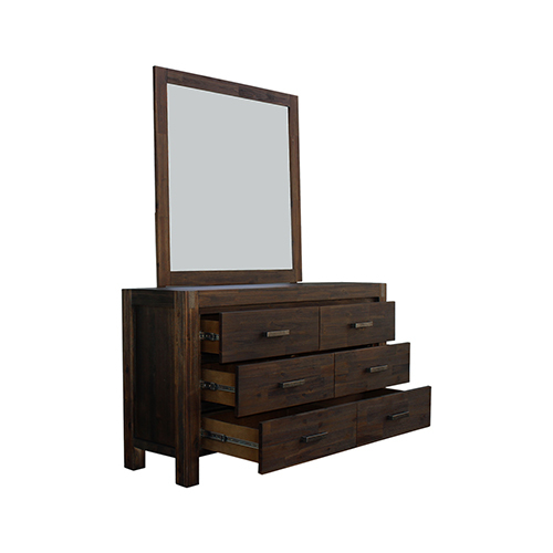 5 Pieces Bedroom Suite in Solid Wood Veneered Acacia Construction Timber Slat Double Size Chocolate Colour Bed, Bedside Table, Tallboy & Dresser