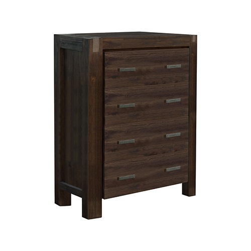 5 Pieces Bedroom Suite in Solid Wood Veneered Acacia Construction Timber Slat Double Size Chocolate Colour Bed, Bedside Table, Tallboy & Dresser