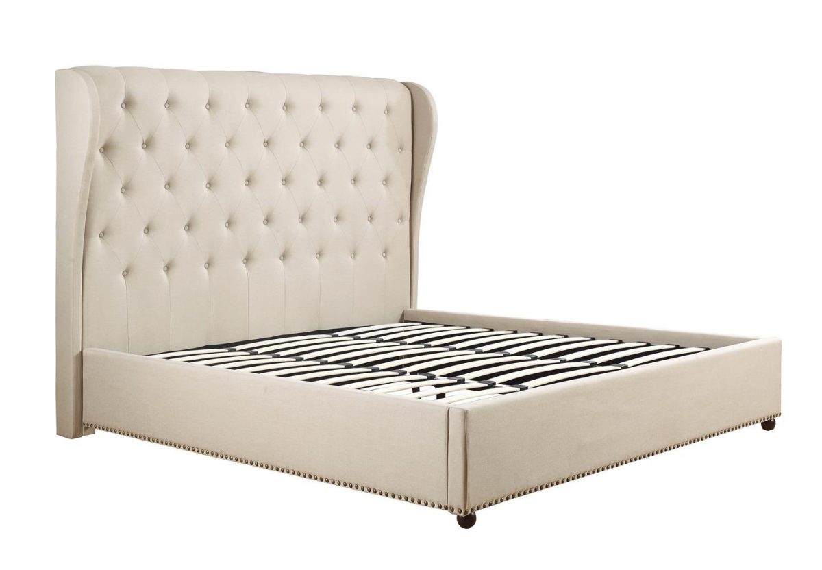 Bed Frame Queen Size in Beige Fabric Upholstered French Provincial High Bedhead