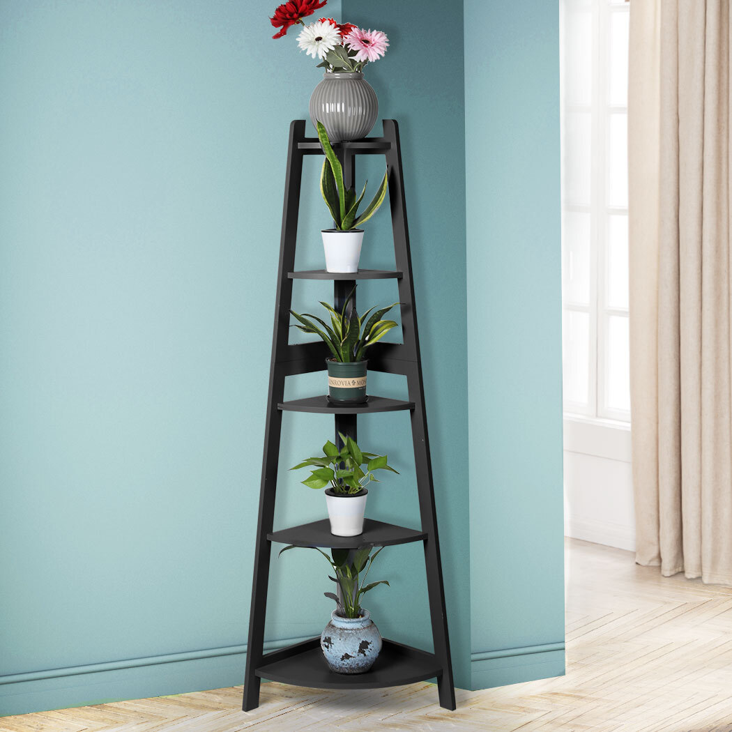 5 Tier Corner Shelf Wooden Storage Home Display Rack Plant Stand – Black