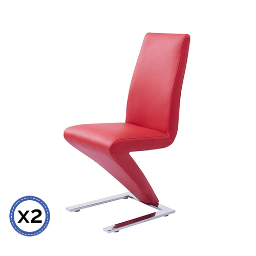 2x Z Shape Leatherette Dining Chairs with Stainless Base – Red