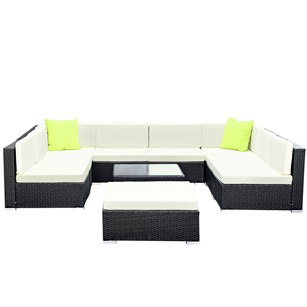 Sofa Set with Storage Cover Outdoor Furniture Wicker – 6 x Single Sofa + 2 x Corner Sofa + 1 x Table + 1 x Ottoman + 1 x storage cover