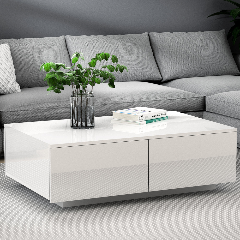 Modern Coffee Table 4 Storage Drawers High Gloss Living Room Furniture – White