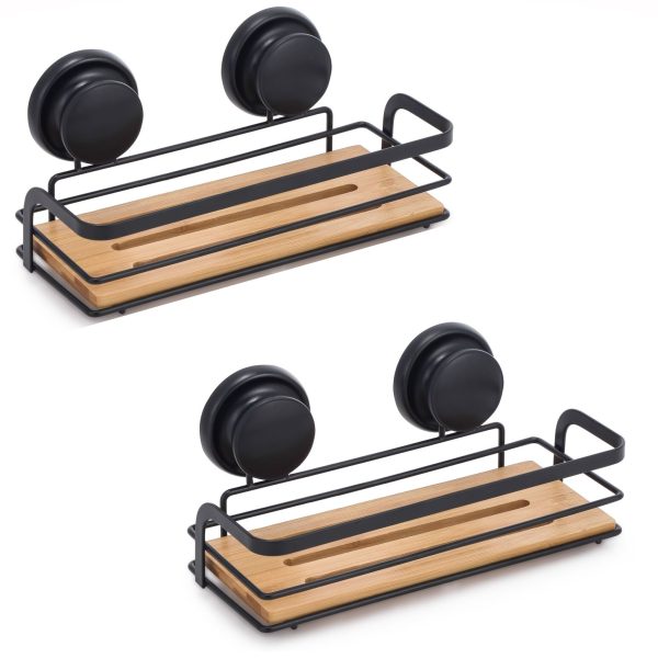 2 Pack Bamboo Corner Shower Caddy Shelf Basket Rack with Premium Vacuum Suction Cup No-Drilling for Bathroom and Kitchen