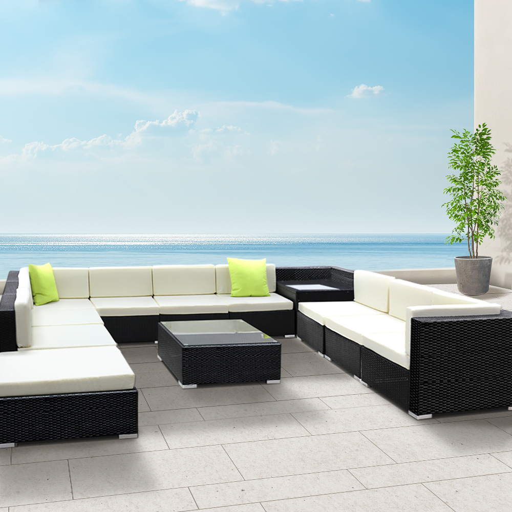 Sofa Set with Storage Cover Outdoor Furniture Wicker – 3 x Single Sofa + 2 x Corner Sofa + 1 x Table + 1 x Ottoman + 1 x storage cover