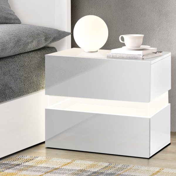 Bexley Bedside Table 2 Drawers RGB LED Side Nightstand High Gloss Cabinet