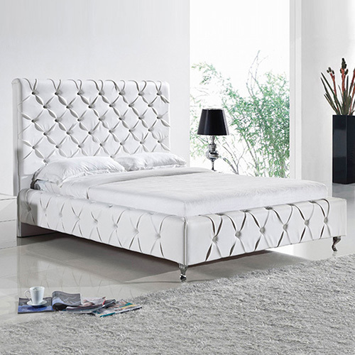Dublin Queen Size Bed Frame in Faux Leather Crystal Tufted High Bedhead Bentwood Slat