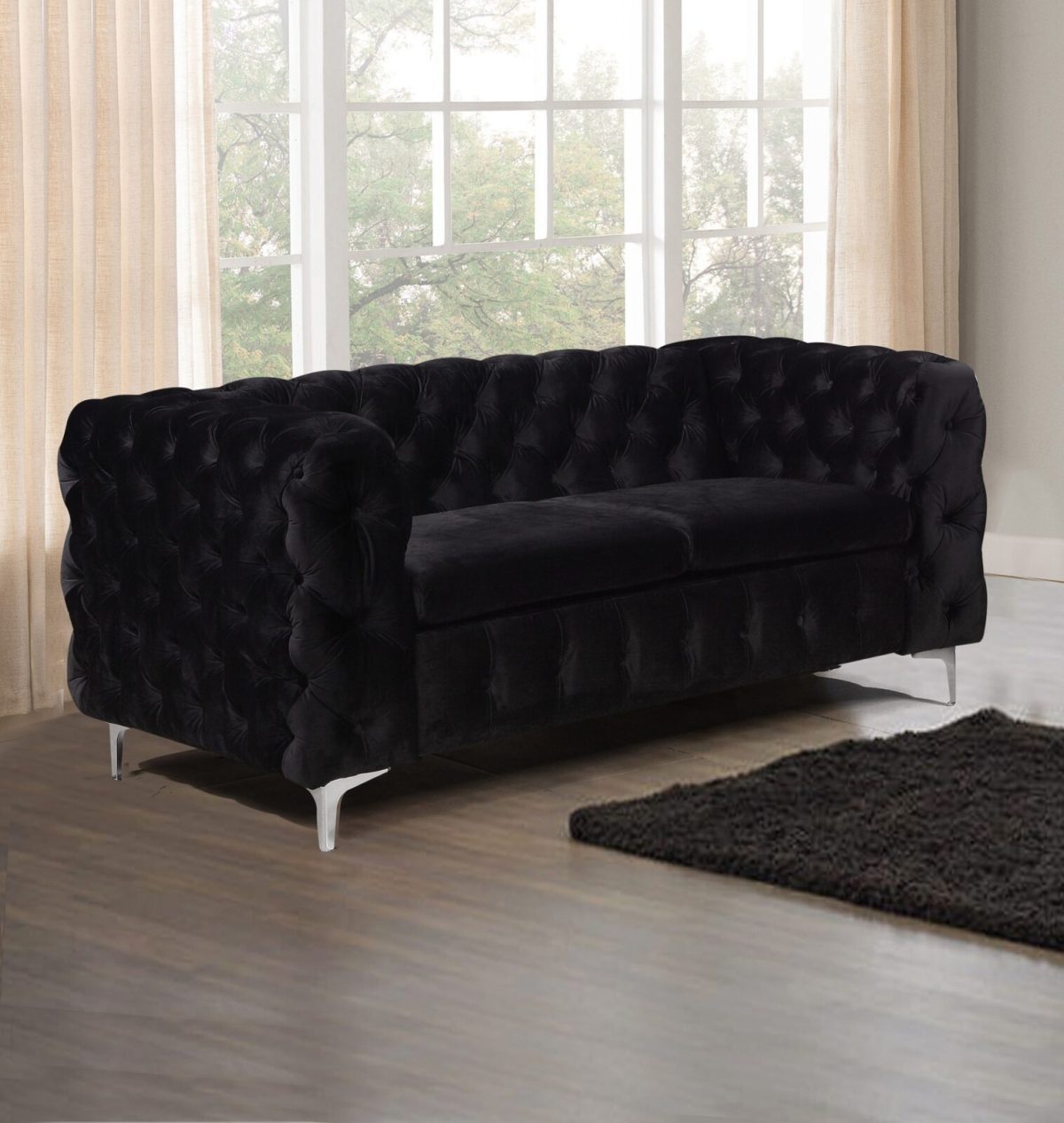 Clydebank Sofa Classic Button Tufted Lounge in Black Velvet Fabric with Metal Legs