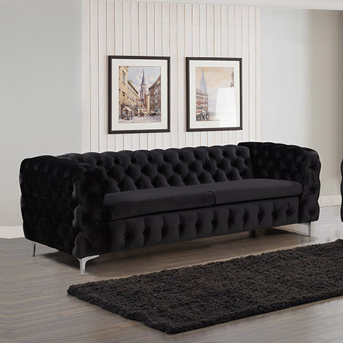 Clydebank Sofa Classic Button Tufted Lounge in Black Velvet Fabric with Metal Legs