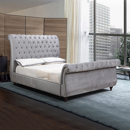 Rosslyn Bedframe Velvet Upholstery Grey Colour Tufted Headboard And Footboard Deep Quilting