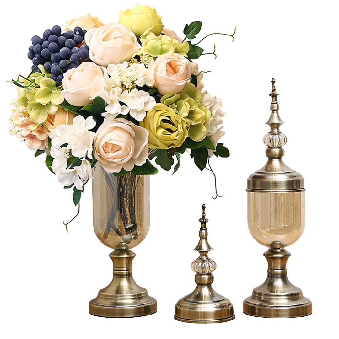 2 x Clear Glass Flower Vase with Lid and White Flower Filler Vase Set