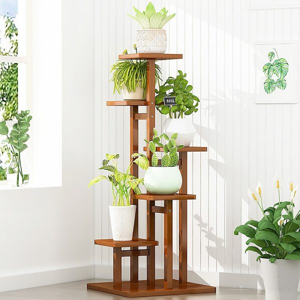 5 Tiers Vertical Bamboo Plant Stand Staged Flower Shelf Rack Outdoor Garden,