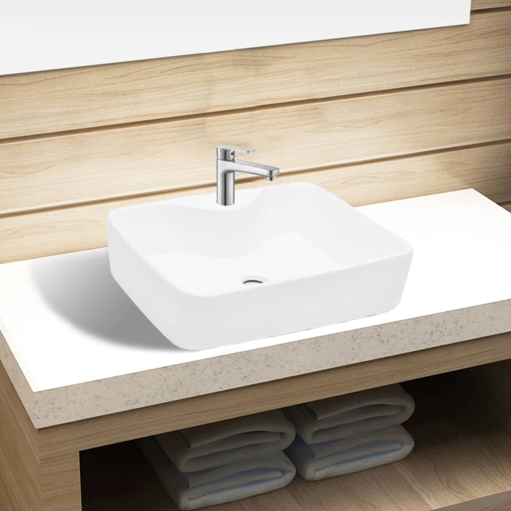 Ceramic Bathroom Sink Basin with Faucet Hole Square