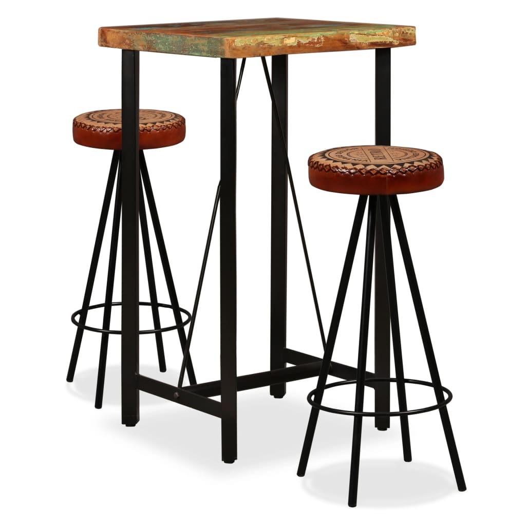 Bar Set Solid Wood Reclaimed. Genuine Leather & Canvas