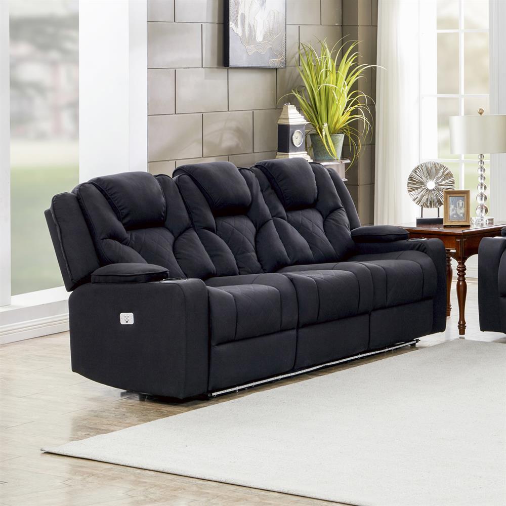 Electric Recliner Stylish Rhino Fabric Black Couch 3 Seater Lounge with LED Features