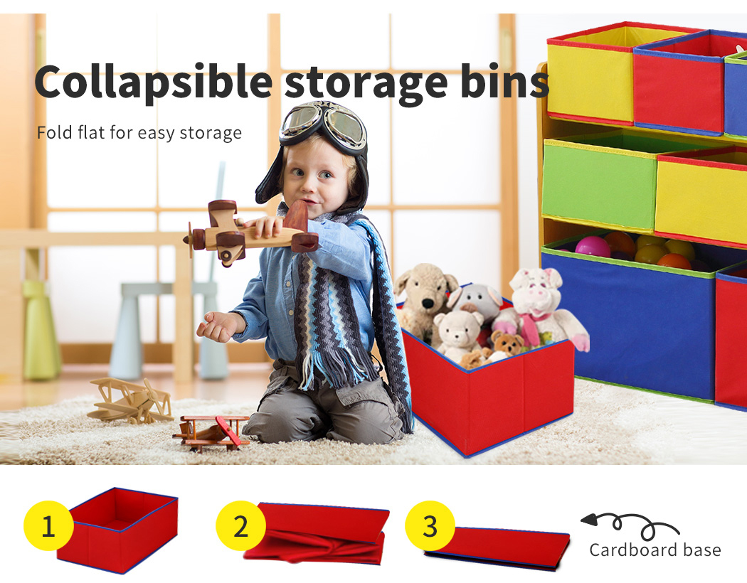 Kids Toy Box 9 Bins Storage Rack Organiser Cabinet Wooden Bookcase 3 Tier – Brown